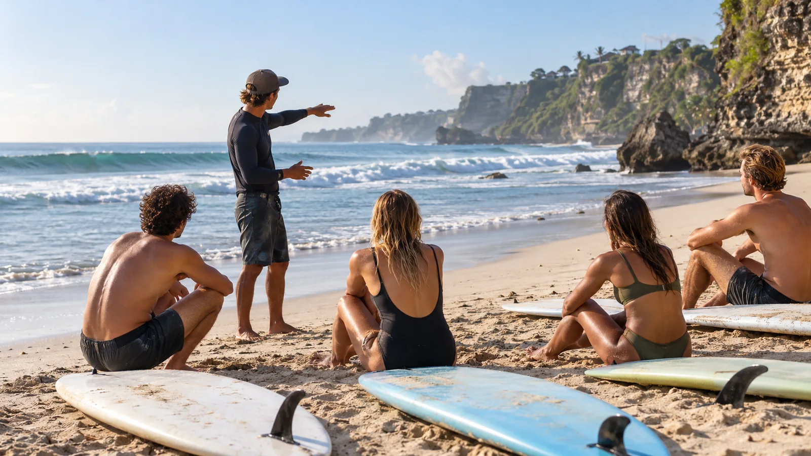 Surf coach briefing surfers before a session in Uluwatu