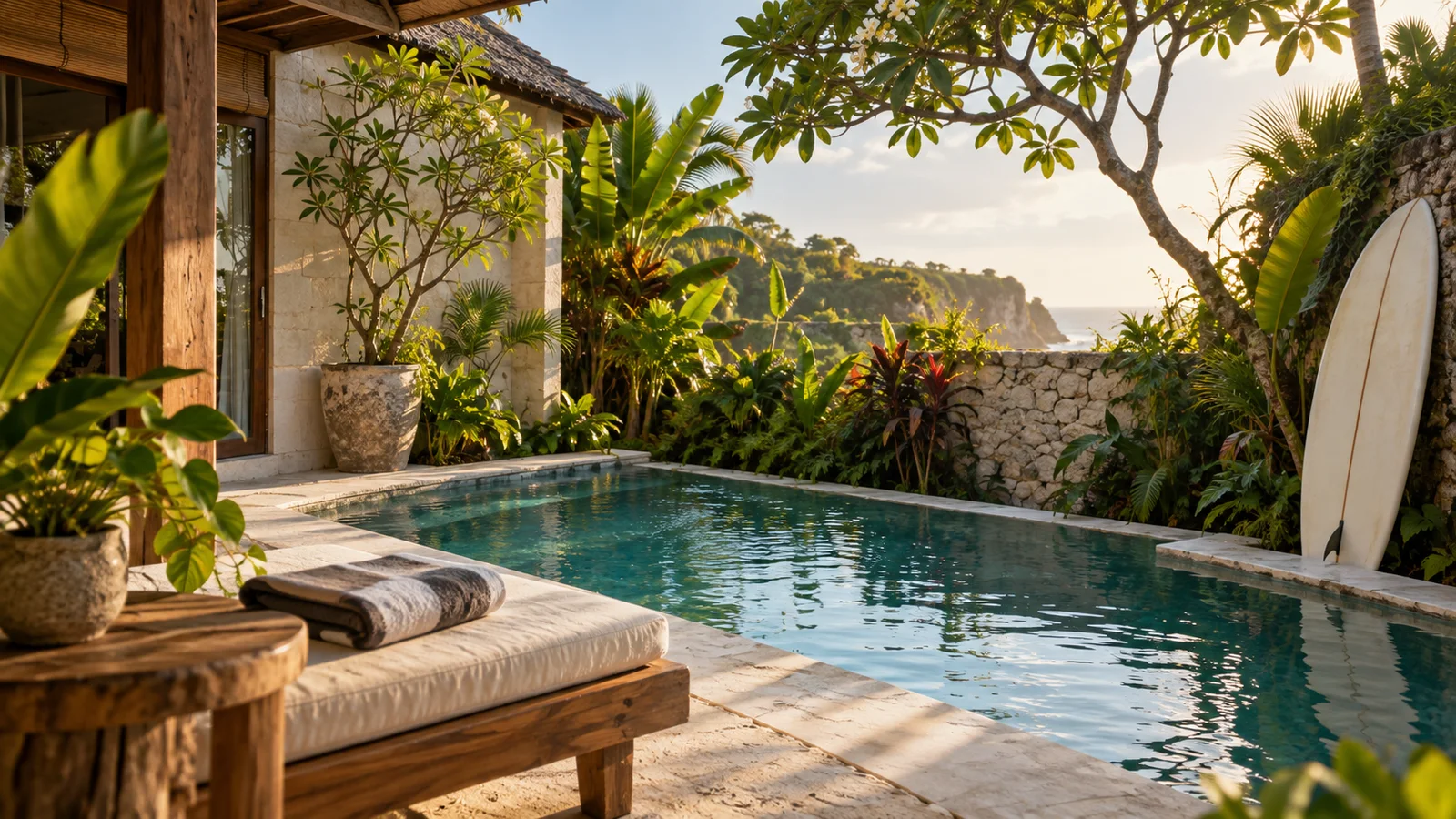 Post-surf recovery by the pool at Surfside Bali