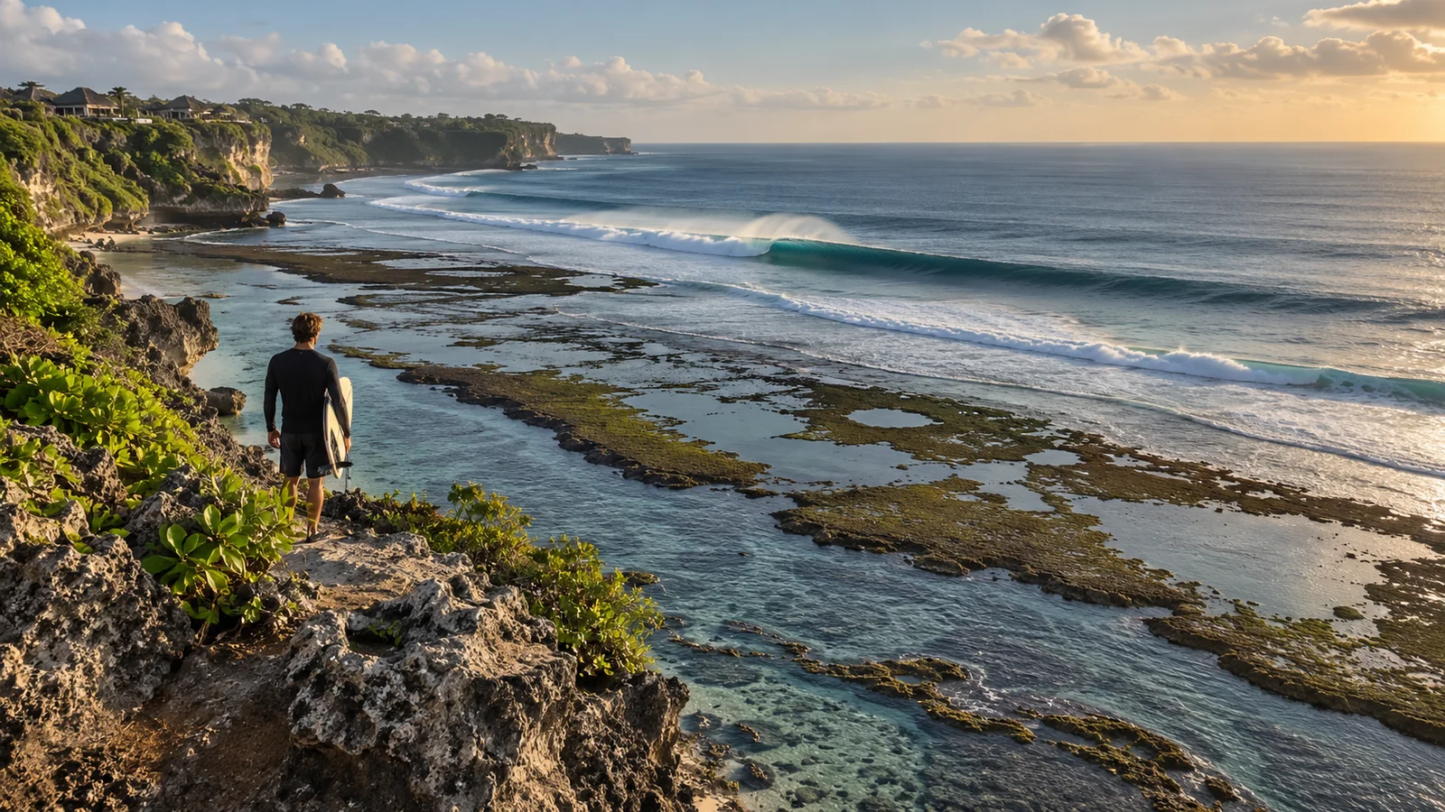 Uluwatu reef break with a clean swell rolling in