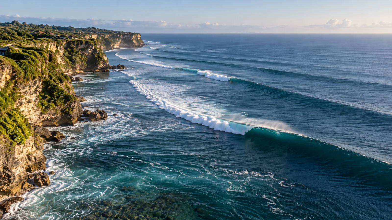 Tide moving across the Uluwatu reef at sunset
