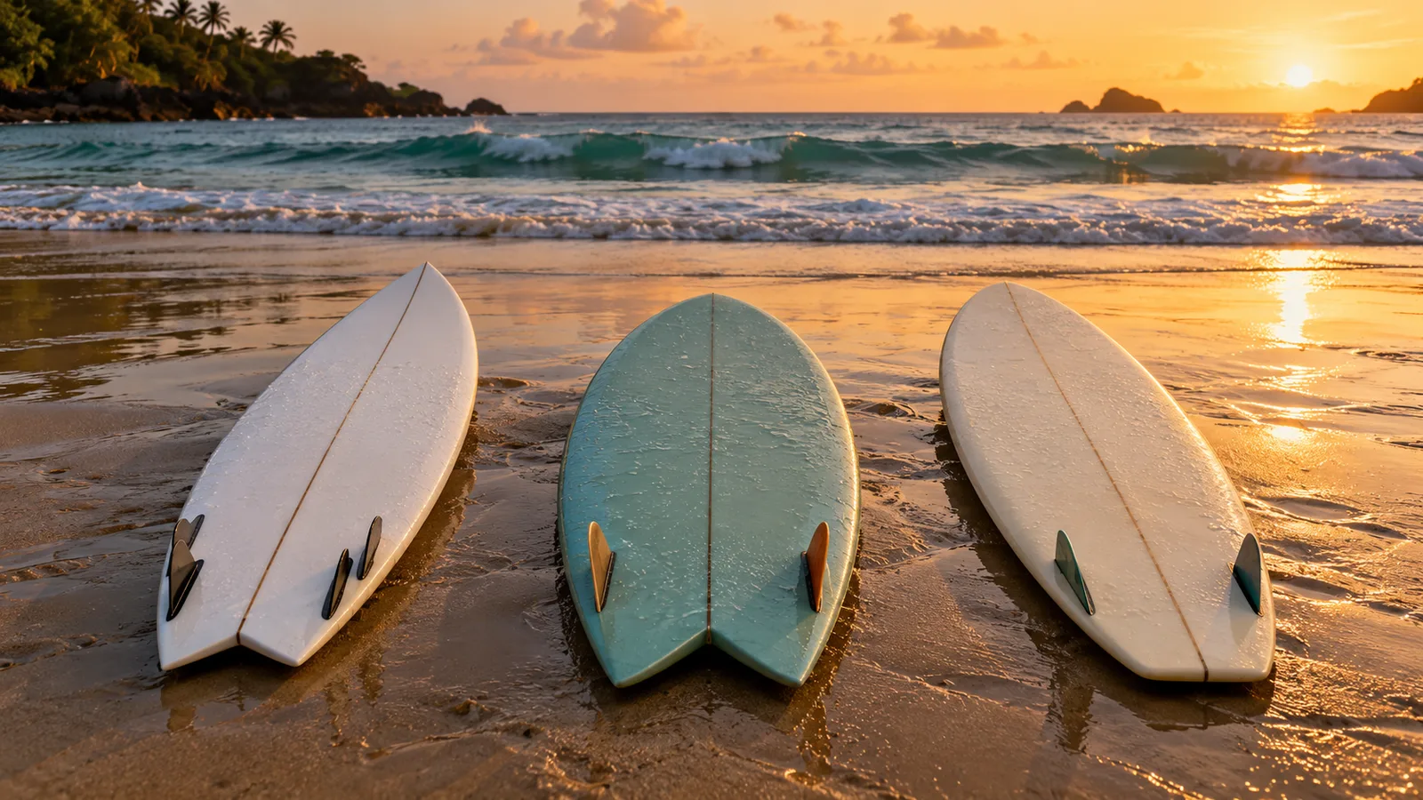 Shortboard, fish and hybrid surfboards on wet sand after a surf session