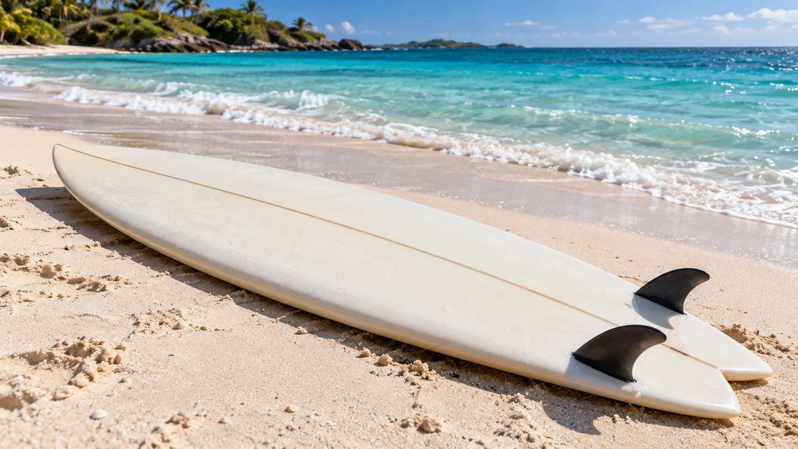 Surfboard showing its nose, rails, wide centre and tail on tropical sand