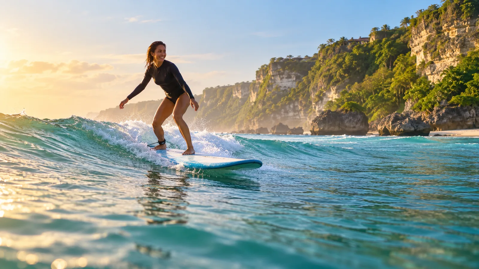 Beginner surfer riding a gentle wave in Uluwatu Bali on a soft-top surfboard