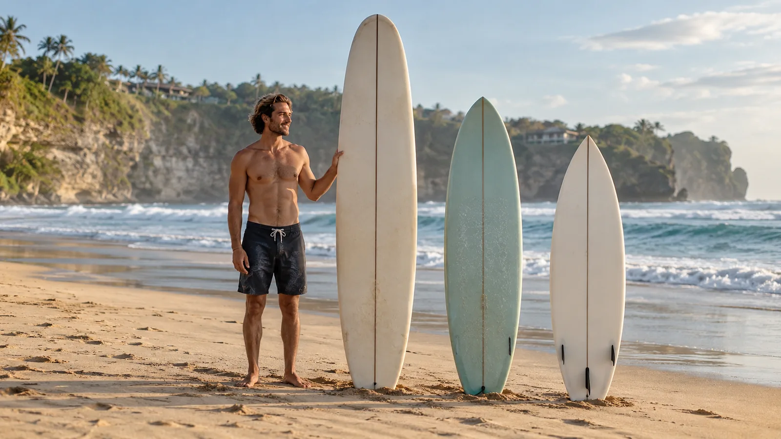 Surfer standing beside longboard, funboard and shortboard for size comparison
