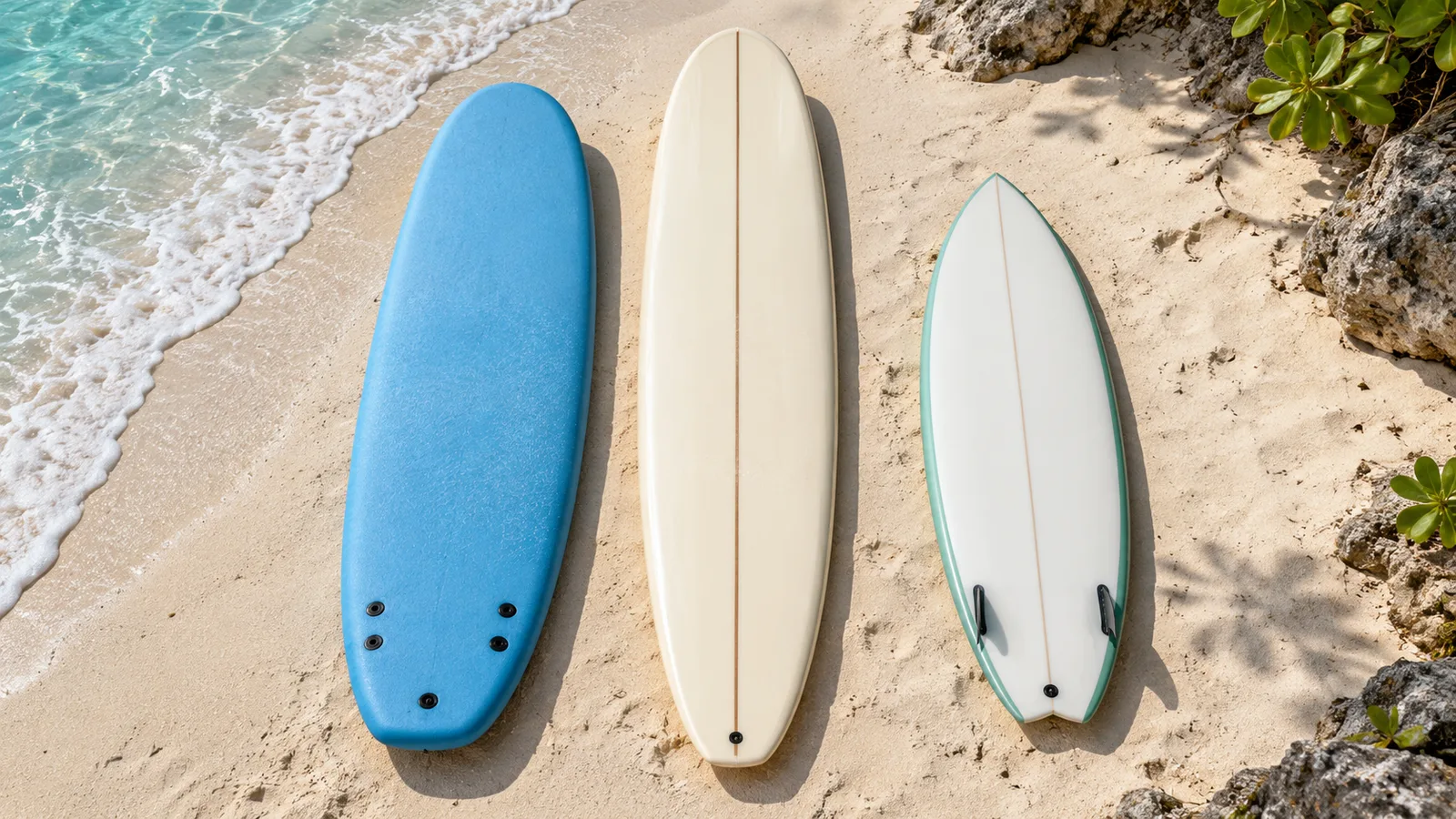 A soft-top, longboard and funboard arranged on tropical sand