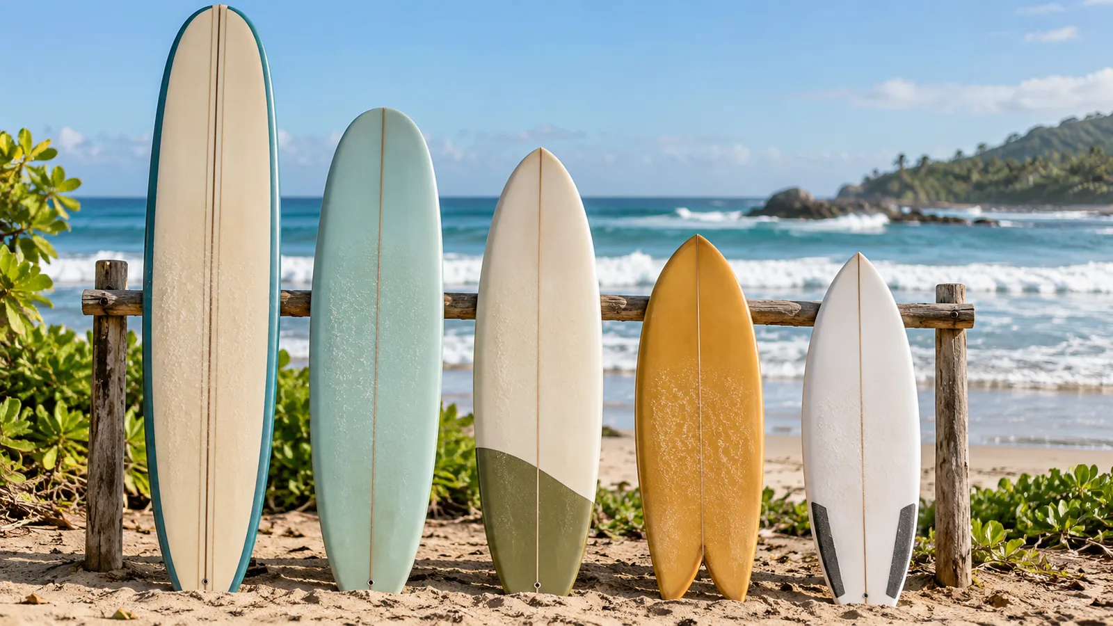 Different surfboard types arranged from longboard to shortboard on a Bali beach