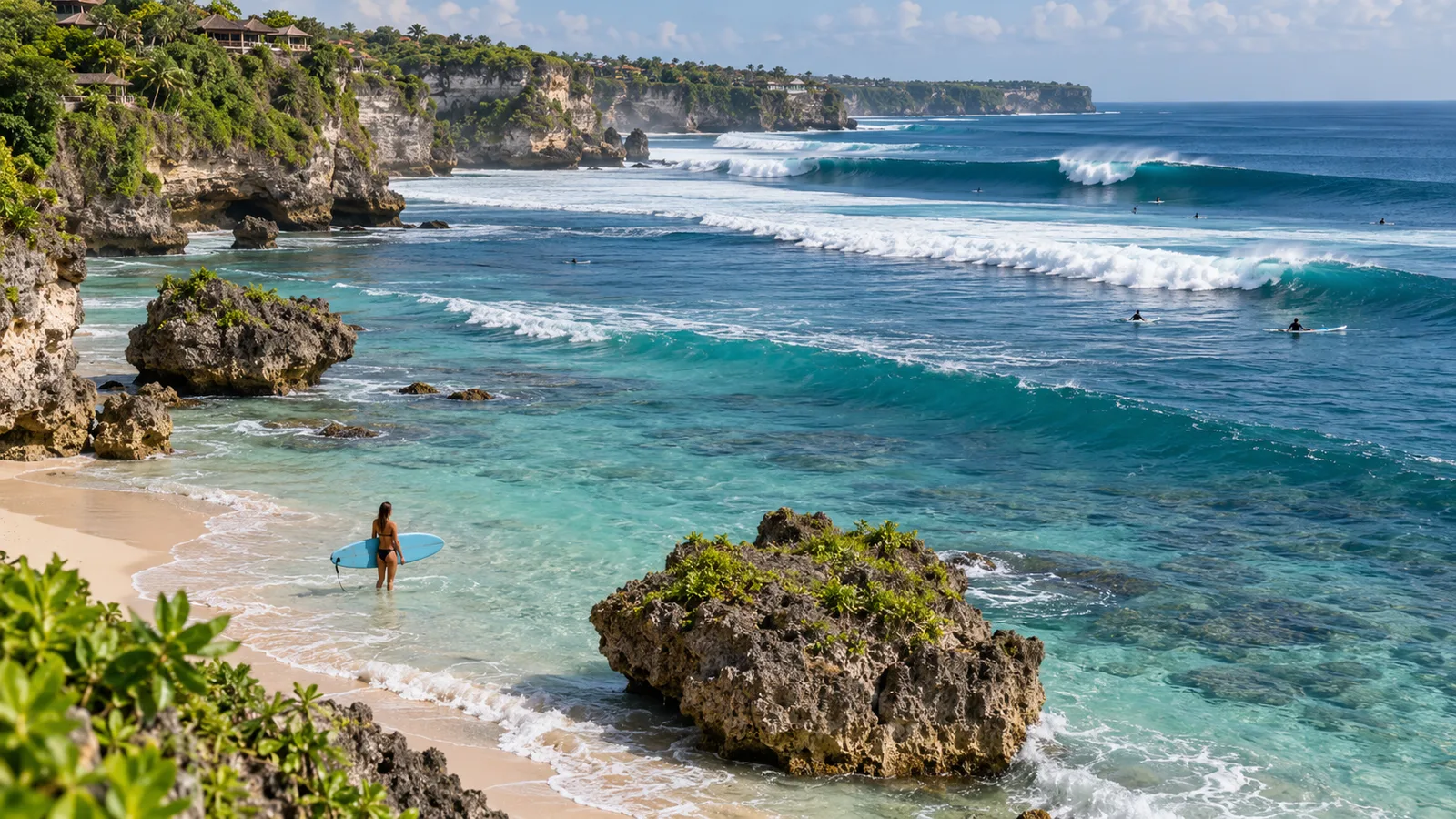 Uluwatu coastline showing calm beginner water and more powerful reef waves