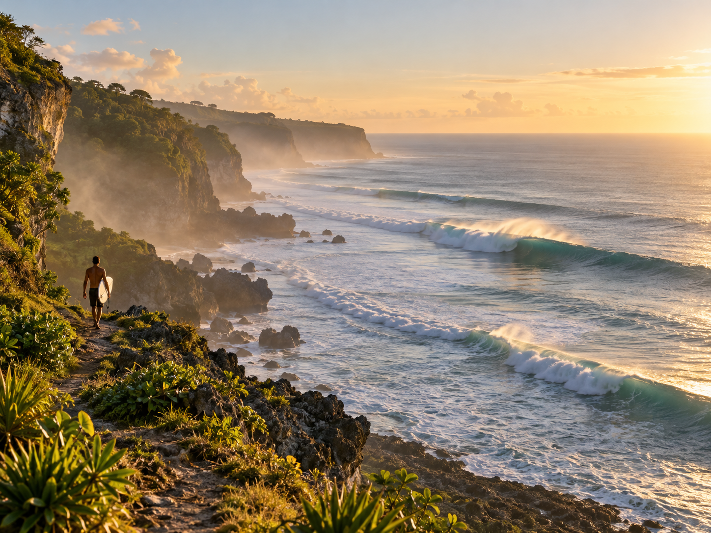 Surfer walking above Uluwatu waves at sunrise