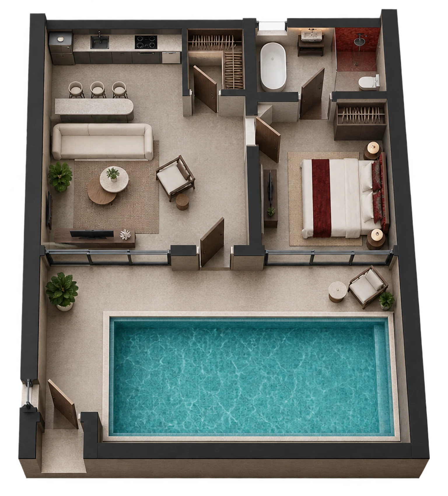 Bawa Suite with Private Pool — Single floor — AI visualization